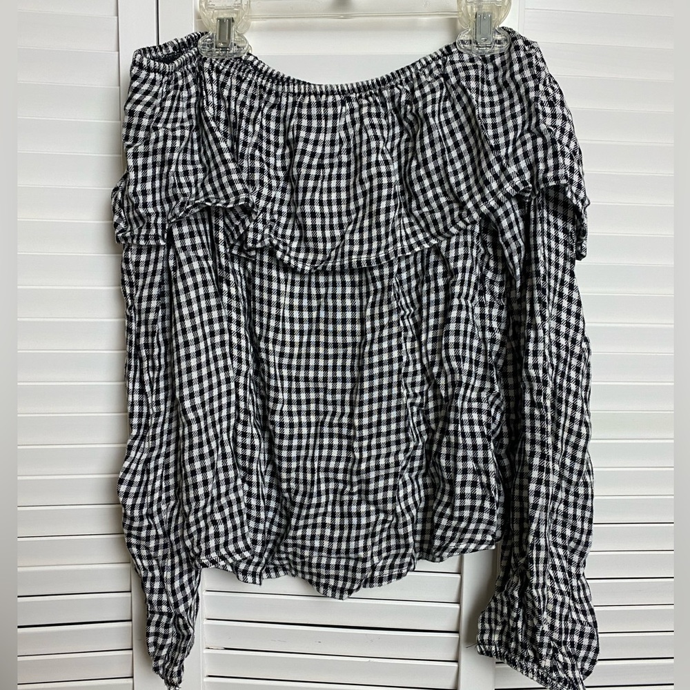 Black and White Checkered Long Sleeve Off the Shoulder Top - Size M